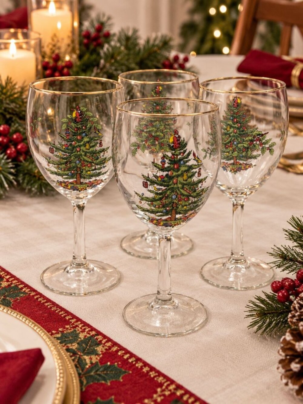 Spode Christmas Tree Wine Glasses Set Of 4 All Purpose Vintage Festive Design